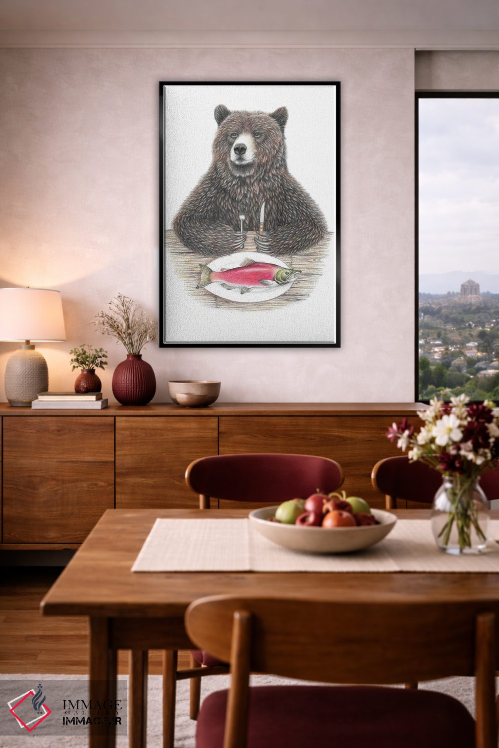تابلو دکوراتیو خرس با ماهی سالمون اثر مندی هک - D5B