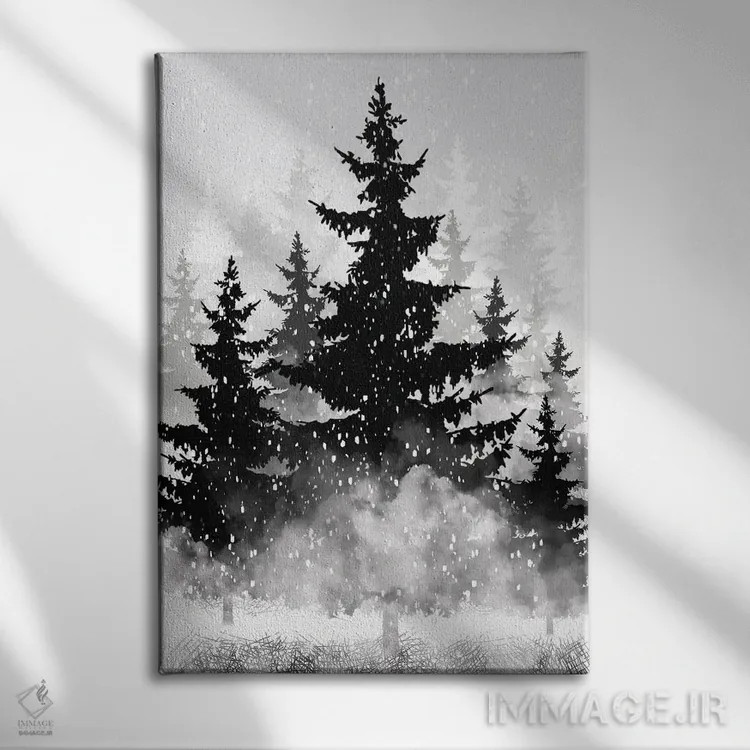 تابلو دکوراتیو کاج های مه آلود II اثر ملودی هوگان - نمای روبهرو روی دیوار