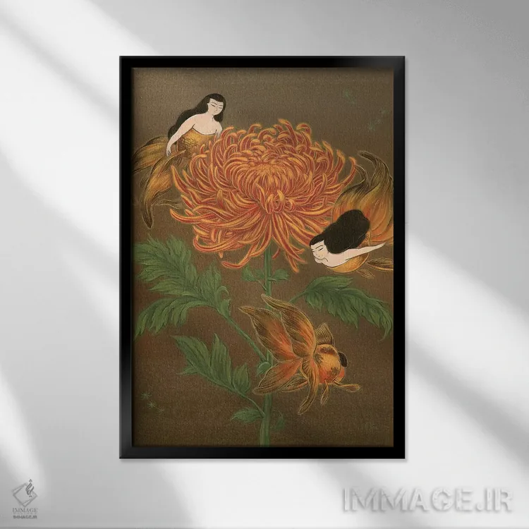 تابلو دکوراتیو پری ماهی های طلایی اثر مارتین هسو - نمای قابدار مشکی