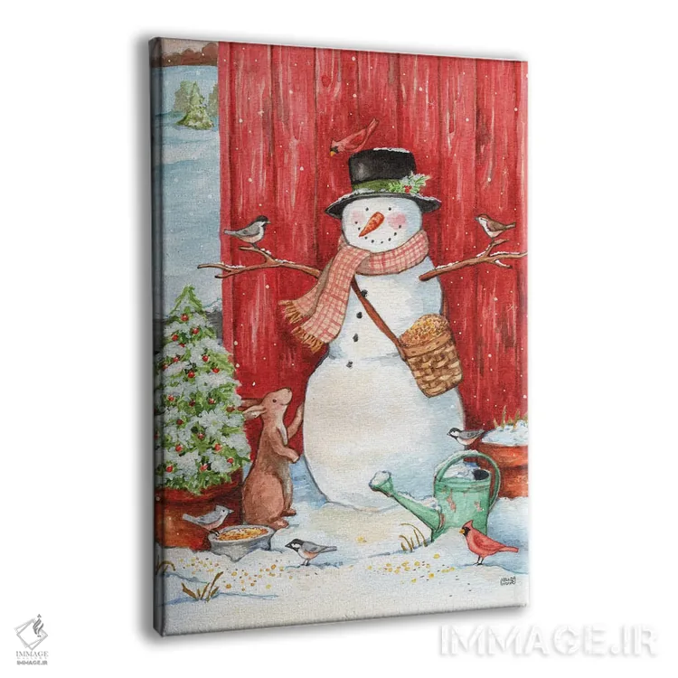 تابلو دکوراتیو آدم برفی با پرندگان و برف ریز اثر ملیندا هیپشر - نمای پرسپکتیو محصول