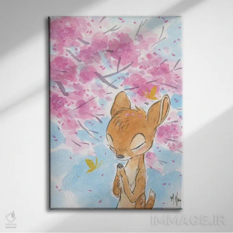 تابلو دکوراتیو گوزن شکوفه گیلاس اثر مارتین هسو - نمای روبهرو روی دیوار