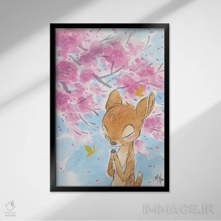 تابلو دکوراتیو گوزن شکوفه گیلاس اثر مارتین هسو - نمای قابدار مشکی