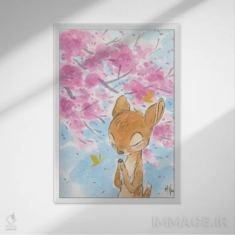 تابلو دکوراتیو گوزن شکوفه گیلاس اثر مارتین هسو - نمای قابدار سفید