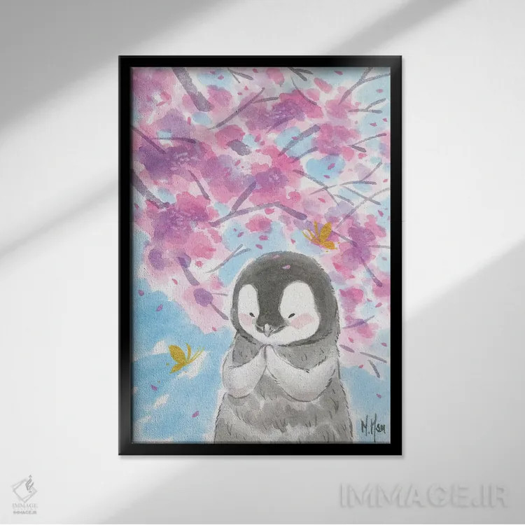 تابلو دکوراتیو پنگوئن شکوفه گیلاس اثر مارتین هسو - نمای قابدار مشکی