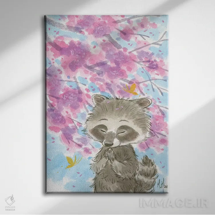 تابلو دکوراتیو راکون شکوفه گیلاس اثر مارتین هسو - نمای روبهرو روی دیوار