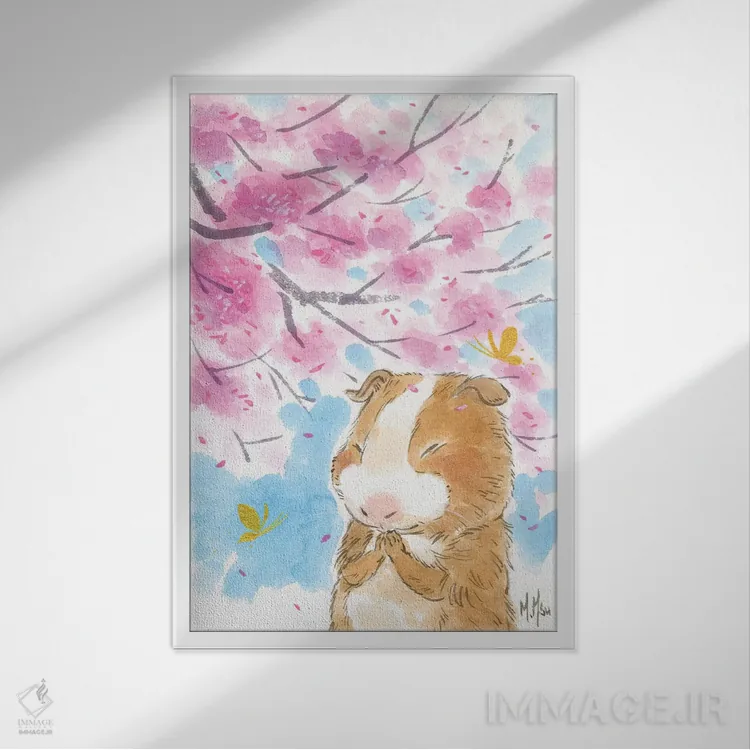 تابلو دکوراتیو خوکچه هندی شکوفه گیلاس اثر مارتین هسو - نمای قابدار سفید