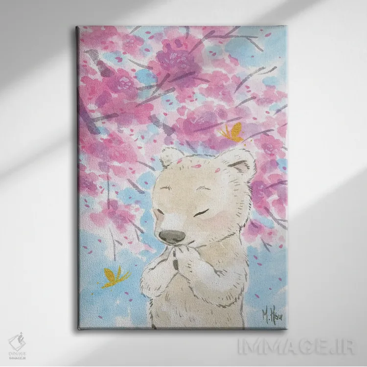 تابلو دکوراتیو خرس قطبی شکوفه گیلاس اثر مارتین هسو - نمای روبهرو روی دیوار
