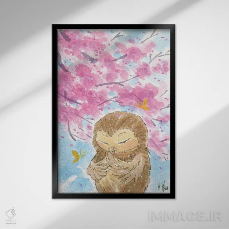 تابلو دکوراتیو جغد شکوفه گیلاس اثر مارتین هسو - نمای قابدار مشکی