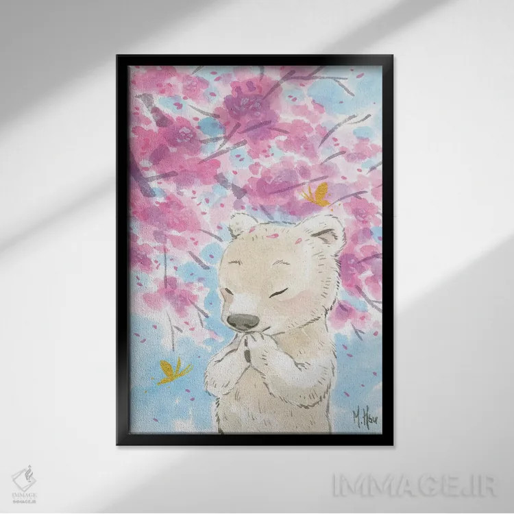 تابلو دکوراتیو خرس قطبی شکوفه گیلاس اثر مارتین هسو - نمای قابدار مشکی