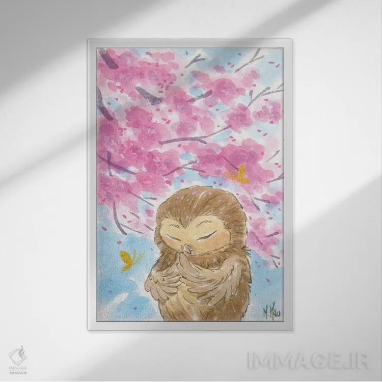 تابلو دکوراتیو جغد شکوفه گیلاس اثر مارتین هسو - نمای قابدار سفید