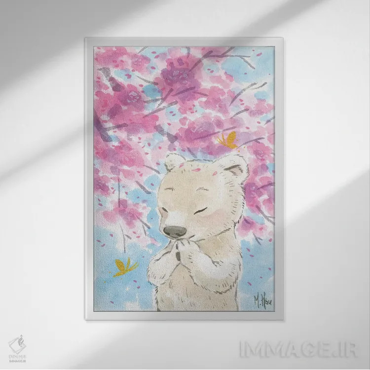 تابلو دکوراتیو خرس قطبی شکوفه گیلاس اثر مارتین هسو - نمای قابدار سفید