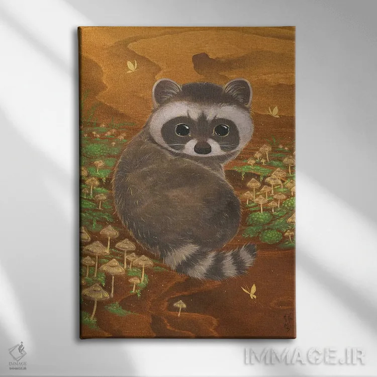 تابلو دکوراتیو راکون و قارچ ها اثر مارتین هسو - نمای روبهرو روی دیوار