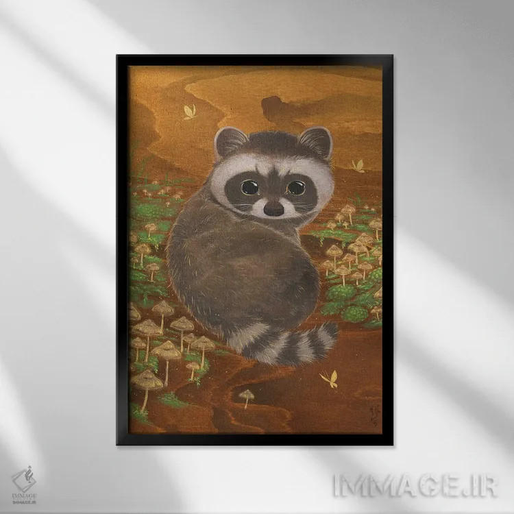 تابلو دکوراتیو راکون و قارچ ها اثر مارتین هسو - نمای قابدار مشکی