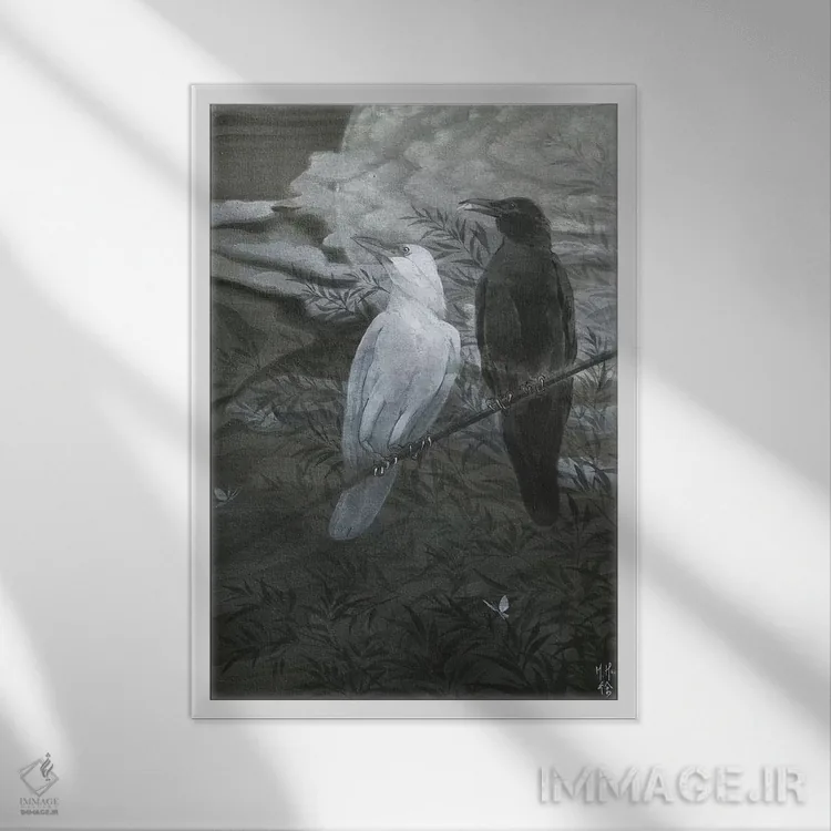 تابلو دکوراتیو کلاغ ها و ماه اثر مارتین هسو - نمای قابدار سفید