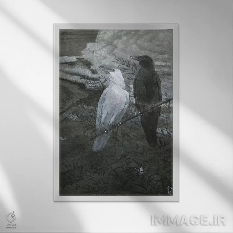 تابلو دکوراتیو کلاغ ها و ماه اثر مارتین هسو - نمای قابدار سفید