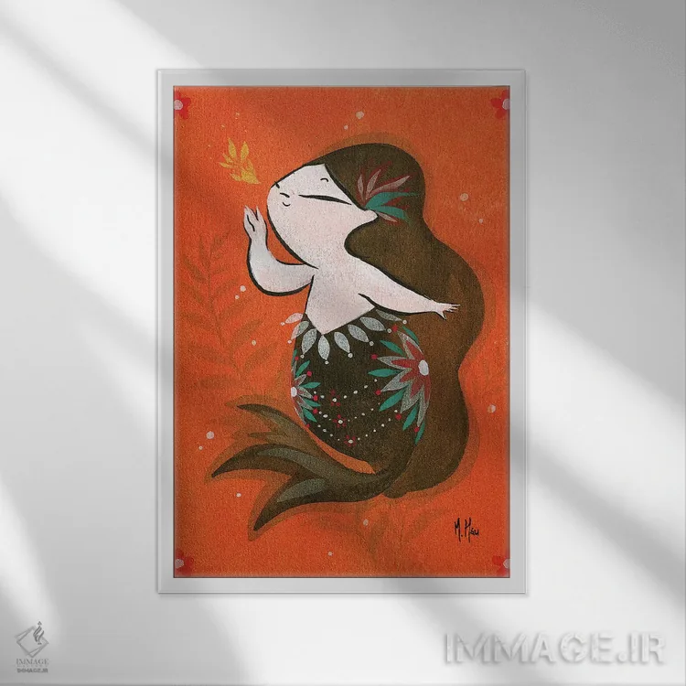 تابلو دکوراتیو پری ماهی طلایی اثر مارتین هسو - نمای قابدار سفید