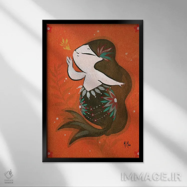 تابلو دکوراتیو پری ماهی طلایی اثر مارتین هسو - نمای قابدار مشکی