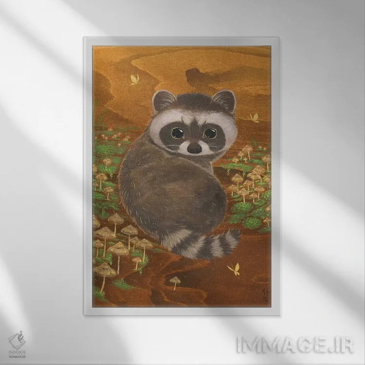 تابلو دکوراتیو راکون و قارچ ها اثر مارتین هسو - نمای قابدار سفید