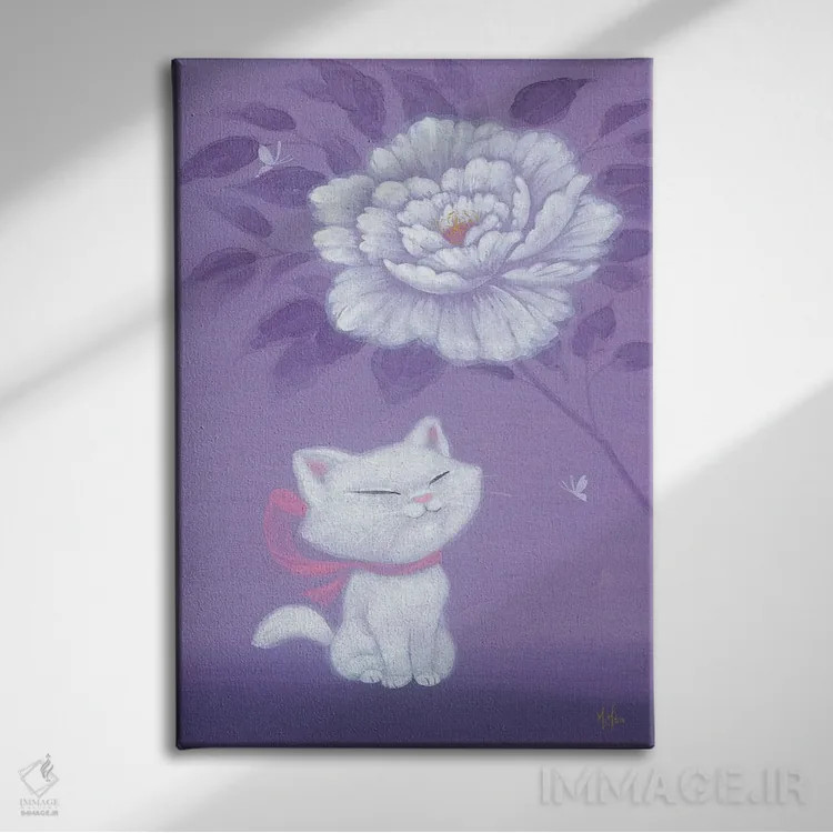 تابلو دکوراتیو گربه سفید و گل صدتومانی اثر مارتین هسو - نمای روبهرو روی دیوار
