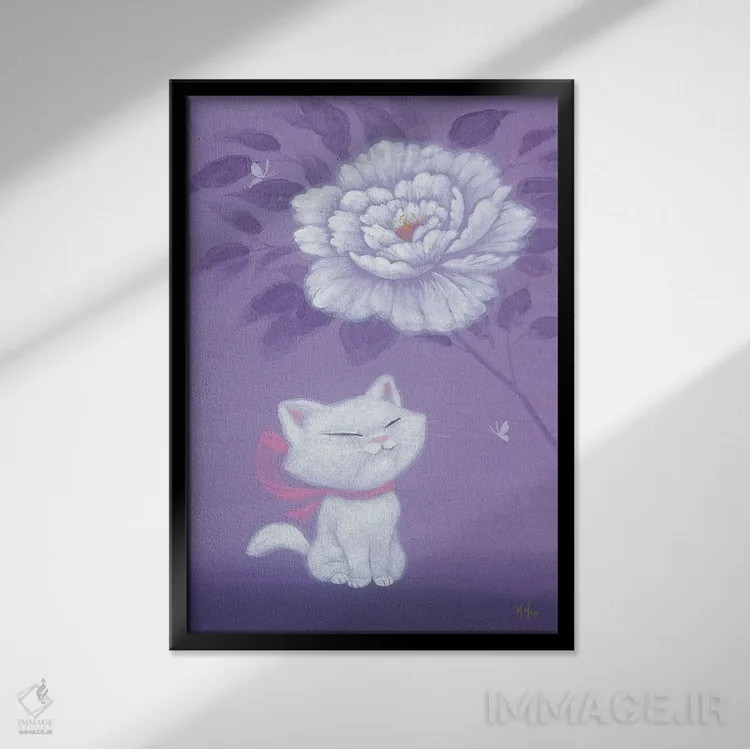 تابلو دکوراتیو گربه سفید و گل صدتومانی اثر مارتین هسو - نمای قابدار مشکی