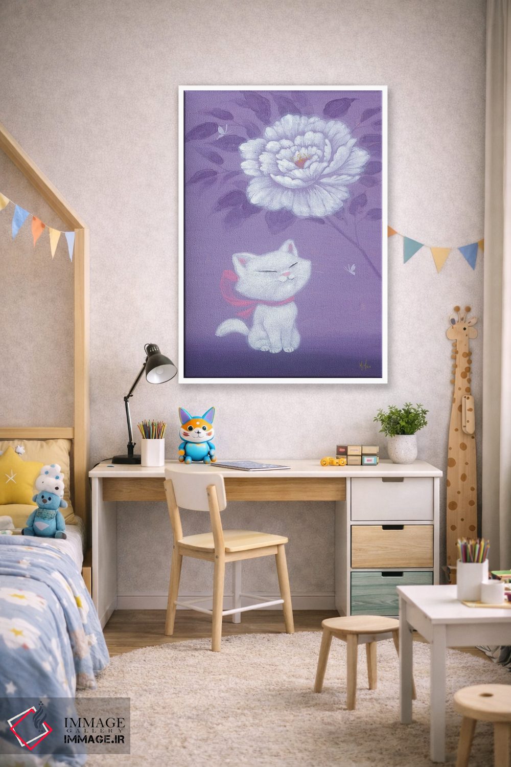 تابلو دکوراتیو گربه سفید و گل صدتومانی اثر مارتین هسو - D1W