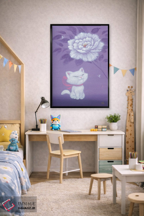 تابلو دکوراتیو گربه سفید و گل صدتومانی اثر مارتین هسو - D2B