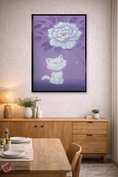 تابلو دکوراتیو گربه سفید و گل صدتومانی اثر مارتین هسو - D5B
