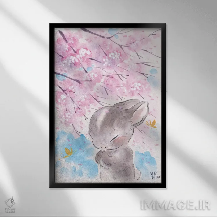 تابلو دکوراتیو آرزوی شکوفه های گیلاس اثر مارتین هسو - نمای قابدار مشکی