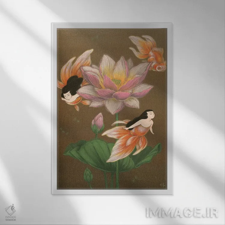 تابلو دکوراتیو پری های دریایی ماهی طلایی اثر مارتین هسو - نمای قابدار سفید