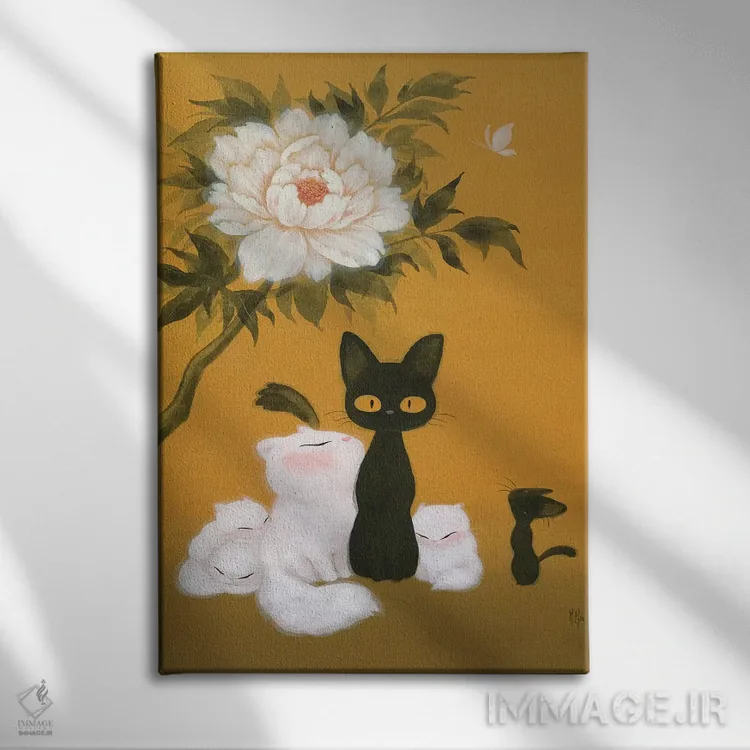 تابلو دکوراتیو گربه ها و گل صدتومانی اثر مارتین هسو - نمای روبهرو روی دیوار