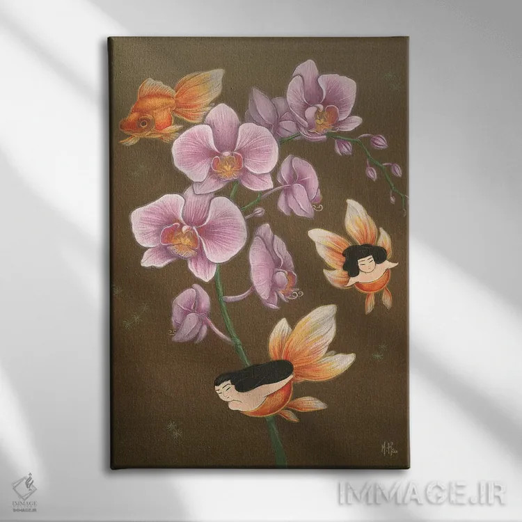 تابلو دکوراتیو پری های دریایی ماهی طلایی اثر مارتین هسو - نمای روبهرو روی دیوار