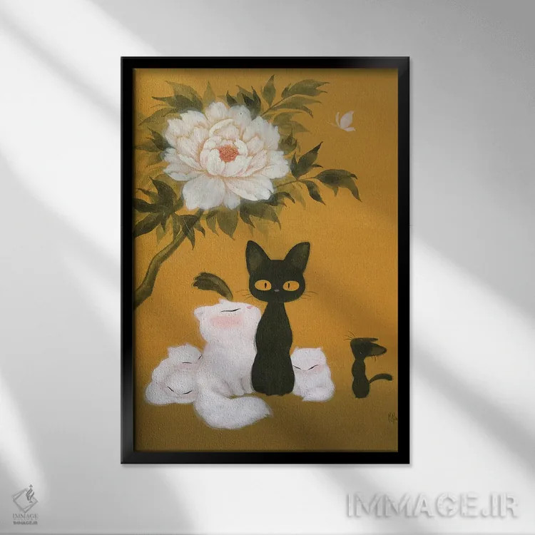 تابلو دکوراتیو گربه ها و گل صدتومانی اثر مارتین هسو - نمای قابدار مشکی