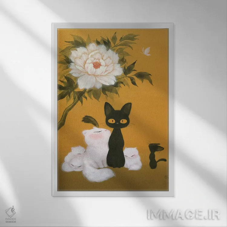 تابلو دکوراتیو گربه ها و گل صدتومانی اثر مارتین هسو - نمای قابدار سفید