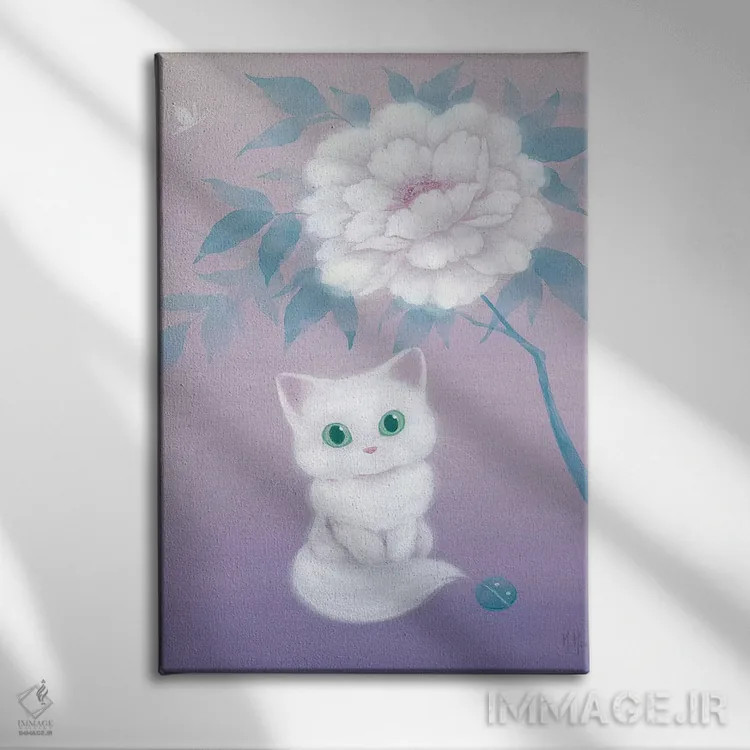 تابلو دکوراتیو گربه سفید و گل صدتومانی اثر مارتین هسو - نمای روبهرو روی دیوار