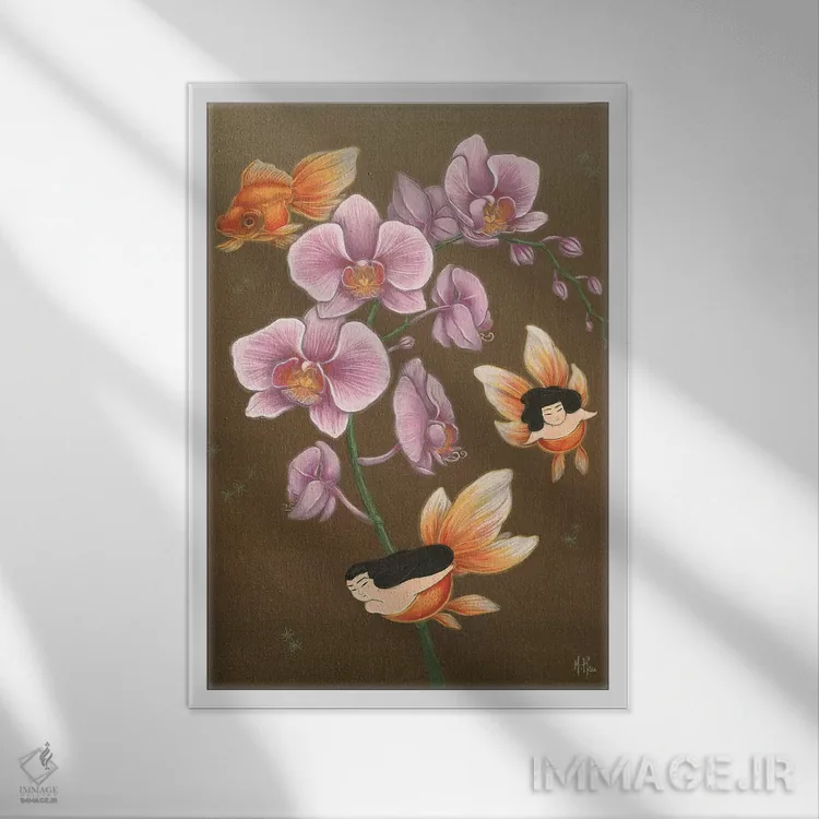 تابلو دکوراتیو پری های دریایی ماهی طلایی اثر مارتین هسو - نمای قابدار سفید