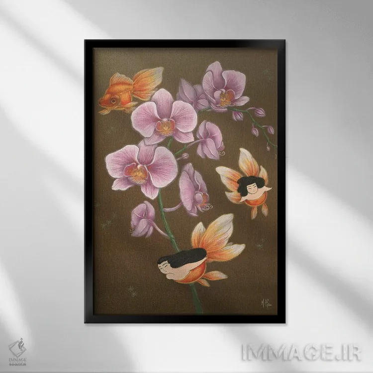 تابلو دکوراتیو پری های دریایی ماهی طلایی اثر مارتین هسو - نمای قابدار مشکی