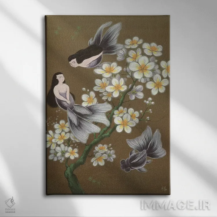 تابلو دکوراتیو پری های دریایی ماهی طلایی اثر مارتین هسو - نمای روبهرو روی دیوار