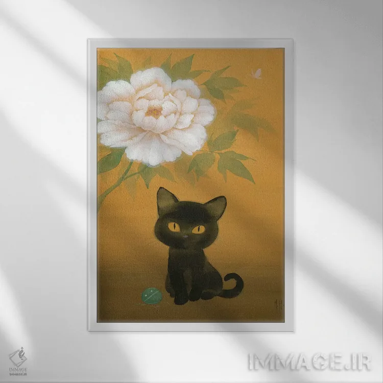 تابلو دکوراتیو گربه سیاه و گل صدتومانی اثر مارتین هسو - نمای قابدار سفید