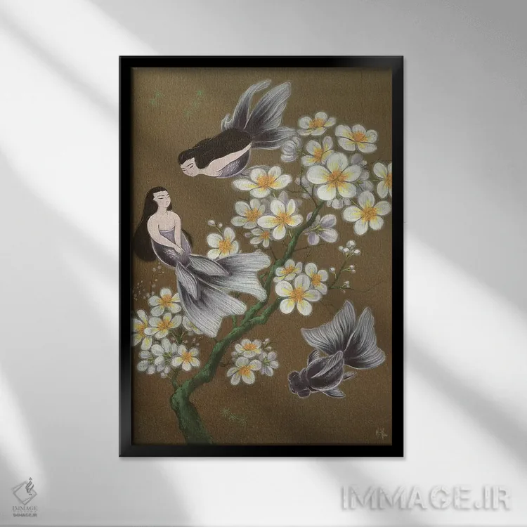 تابلو دکوراتیو پری های دریایی ماهی طلایی اثر مارتین هسو - نمای قابدار مشکی