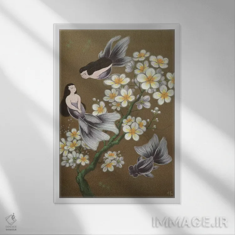 تابلو دکوراتیو پری های دریایی ماهی طلایی اثر مارتین هسو - نمای قابدار سفید