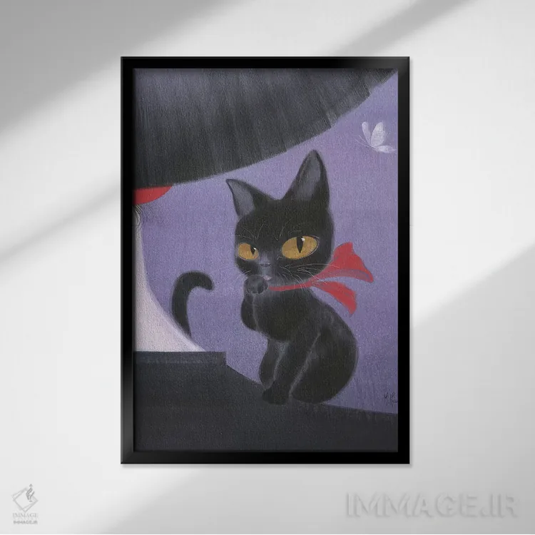 تابلو دکوراتیو دختر و گربه سیاه اثر مارتین هسو - نمای قابدار مشکی