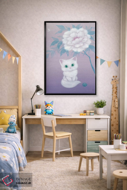 تابلو دکوراتیو گربه سفید و گل صدتومانی اثر مارتین هسو - D2B