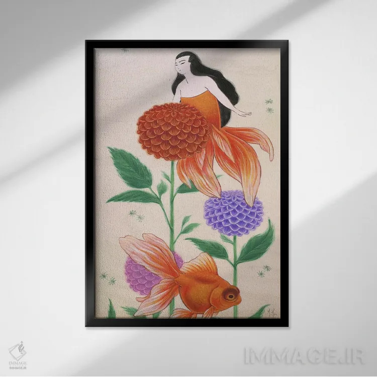 تابلو دکوراتیو پری های دریایی ماهی طلایی اثر مارتین هسو - نمای قابدار مشکی