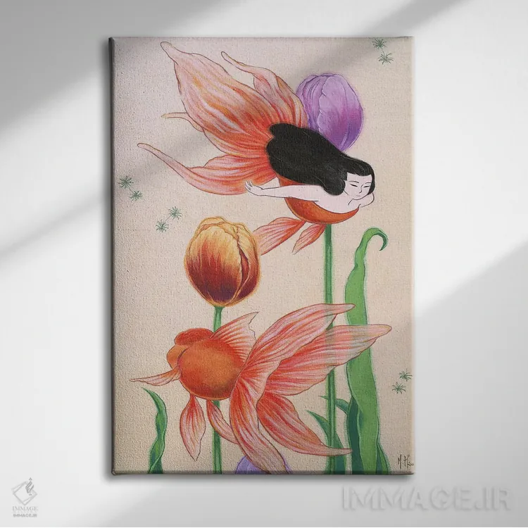 تابلو دکوراتیو پری های دریایی ماهی طلایی اثر مارتین هسو - نمای روبهرو روی دیوار