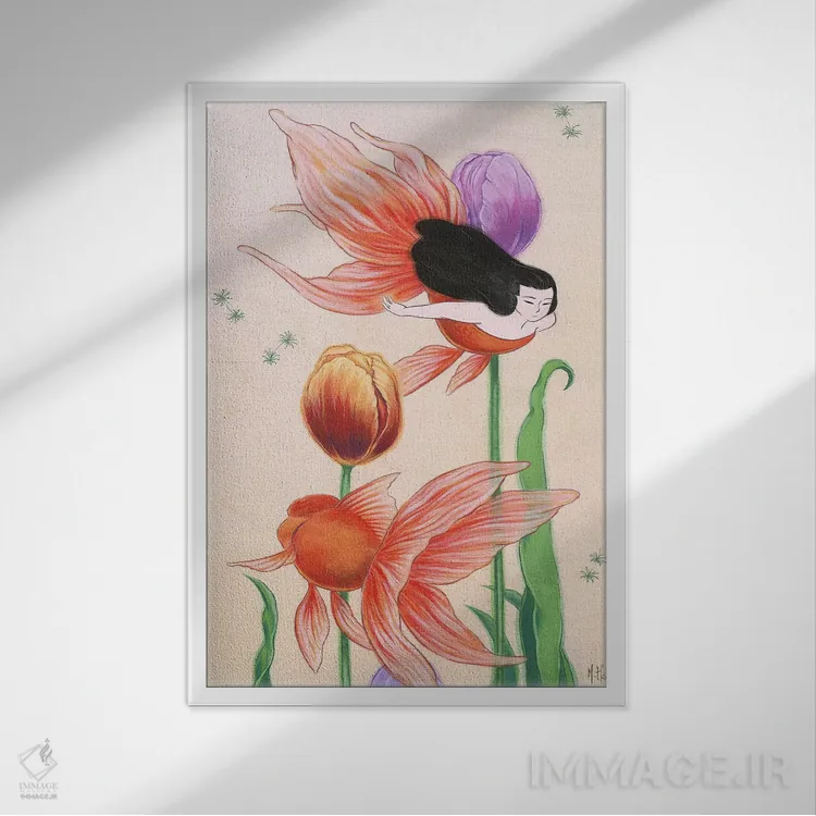 تابلو دکوراتیو پری های دریایی ماهی طلایی اثر مارتین هسو - نمای قابدار سفید