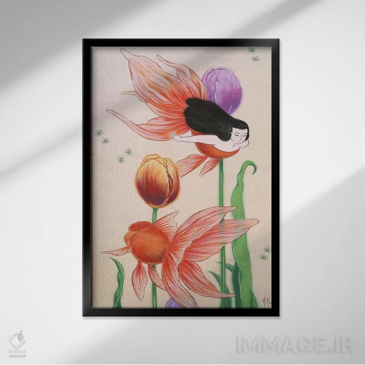 تابلو دکوراتیو پری های دریایی ماهی طلایی اثر مارتین هسو - نمای قابدار مشکی