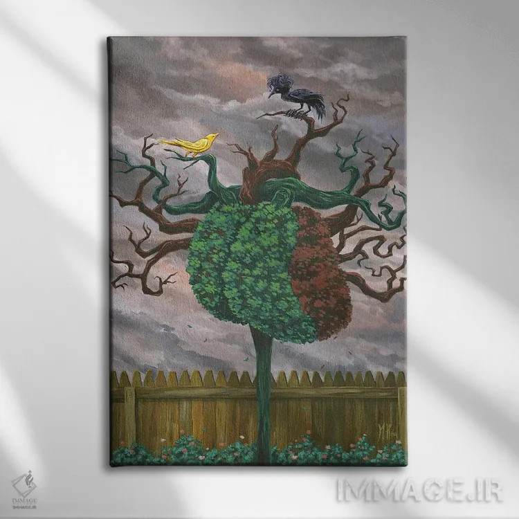 تابلو دکوراتیو پرنده آوازخوان و کلاغ اثر مارتین هسو - نمای روبهرو روی دیوار