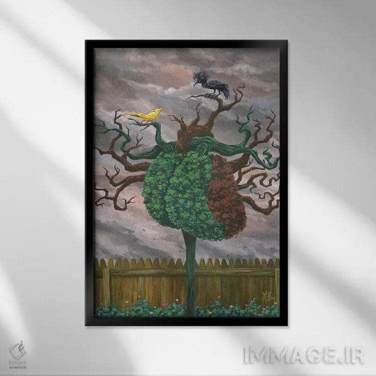 تابلو دکوراتیو پرنده آوازخوان و کلاغ اثر مارتین هسو - نمای قابدار مشکی