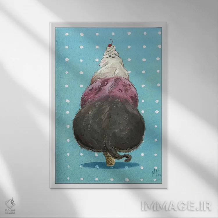 تابلو دکوراتیو گربه بستنی اثر مارتین هسو - نمای قابدار سفید