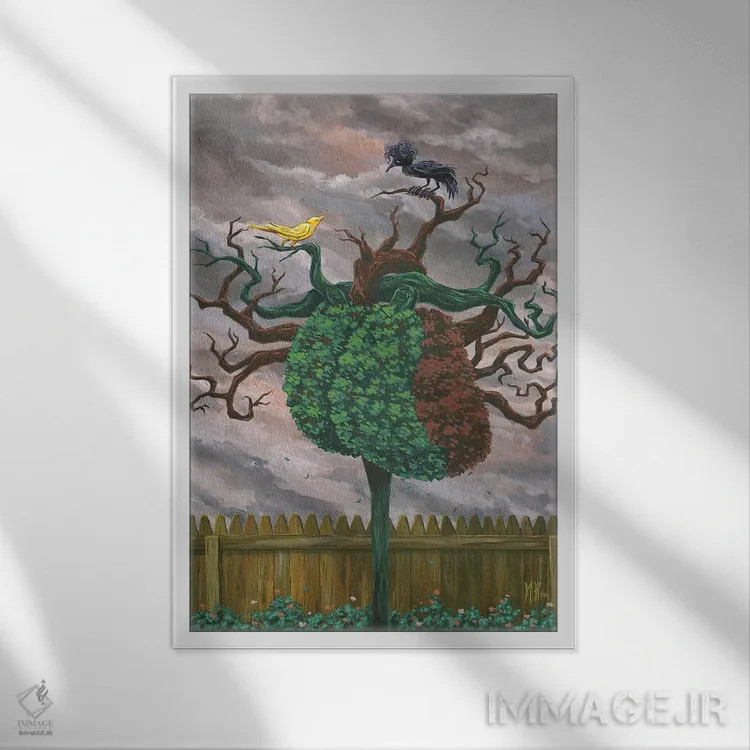تابلو دکوراتیو پرنده آوازخوان و کلاغ اثر مارتین هسو - نمای قابدار سفید